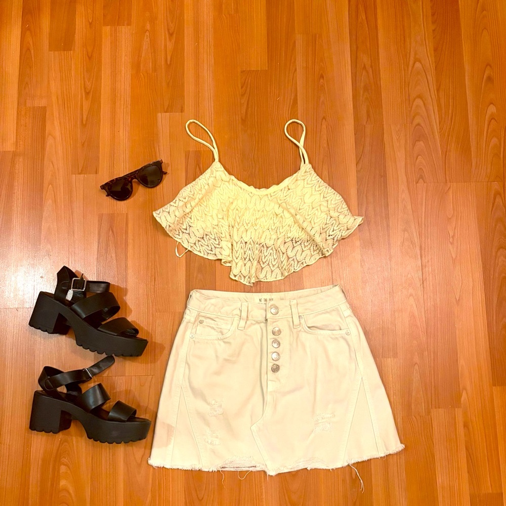 Tobi cream/yellow lacy crop top size XS